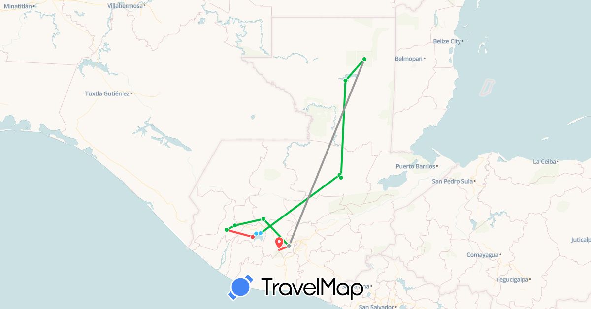 TravelMap itinerary: driving, bus, plane, hiking, boat in Guatemala (North America)